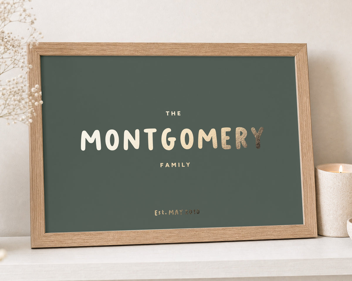 Personalised Gold Foil Family Name Print, Olive Green Wall Art, Family Gift, New Home Gift, House Warming Gift, Landscape Framed Print