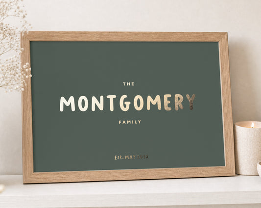Personalised Gold Foil Family Name Print, Olive Green Wall Art, Family Gift, New Home Gift, House Warming Gift, Landscape Framed Print