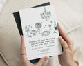Forest Green Wedding Invitations, Hand Drawn Chandelier Wedding Invite, Floral Illustration Stationery, Personalised Invitation Suite