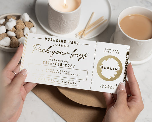 Personalised Boarding Pass Gift Voucher, Scratch To Reveal Holiday, Birthday Surprise For Husband, Custom Travel Ticket