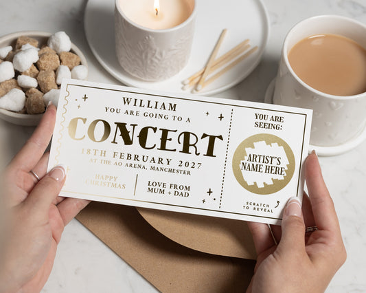 Personalised Concert Ticket Gift, Scratch To Reveal Gift Voucher, Concert Gift For Him Or Her, Gold Foil Christmas Gift