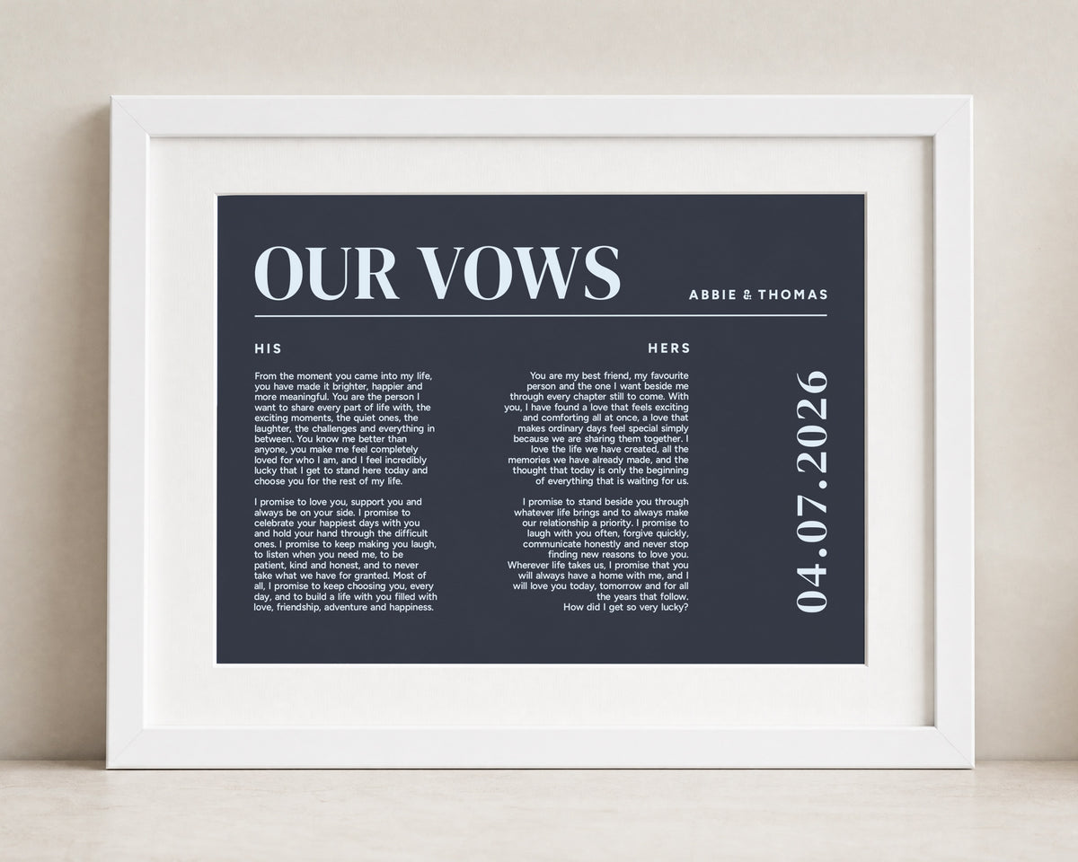 Personalised Wedding Vows Print, Navy Blue Wall Art, Gift for Couple, Wedding Gift, Anniversary Gift, Landscape Framed Print