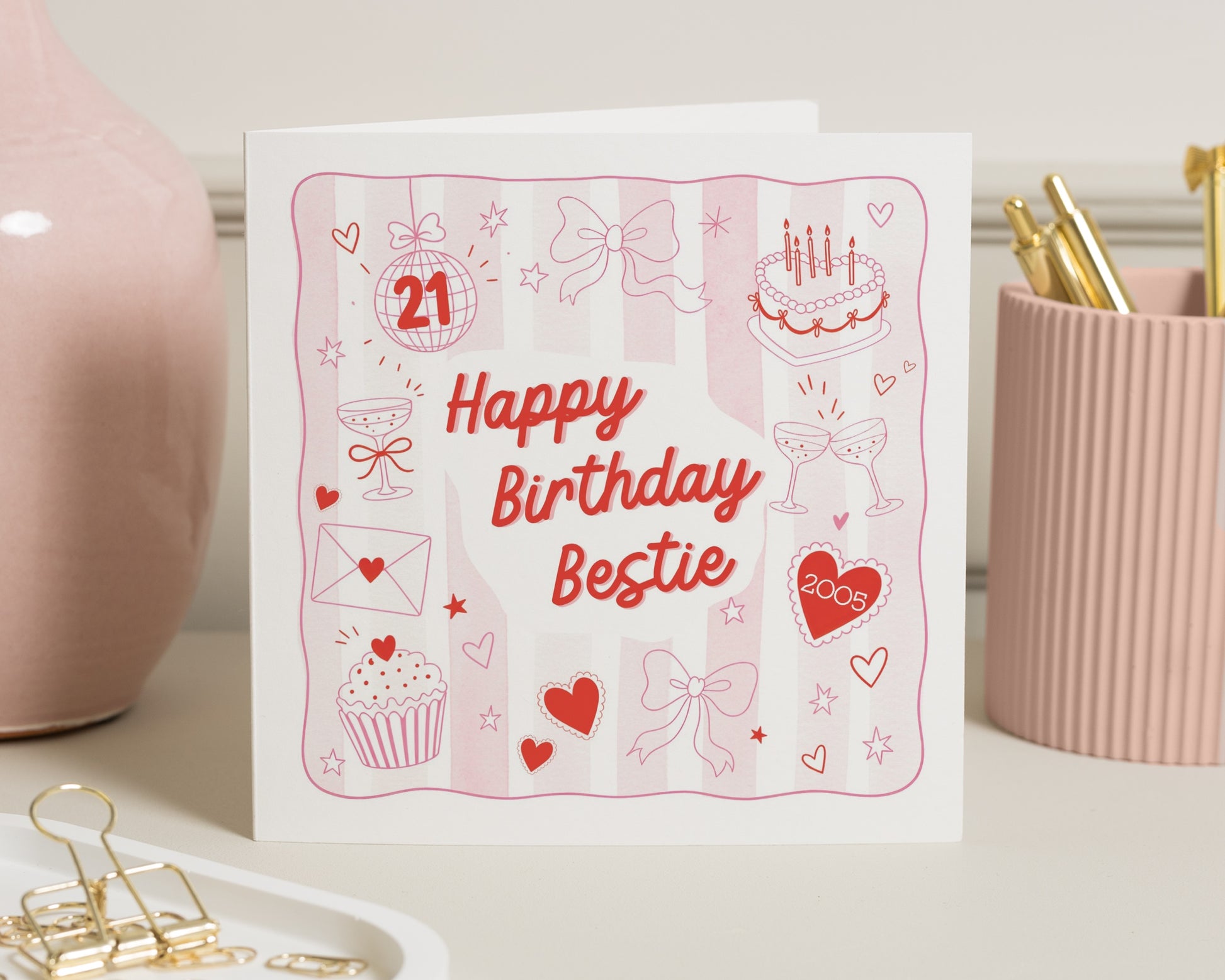 21st Birthday Card for Bestie, Best Friend Birthday Card, Birthday Card for Friend, 21st Birthday Card for Her, Cute Pink Birthday Card