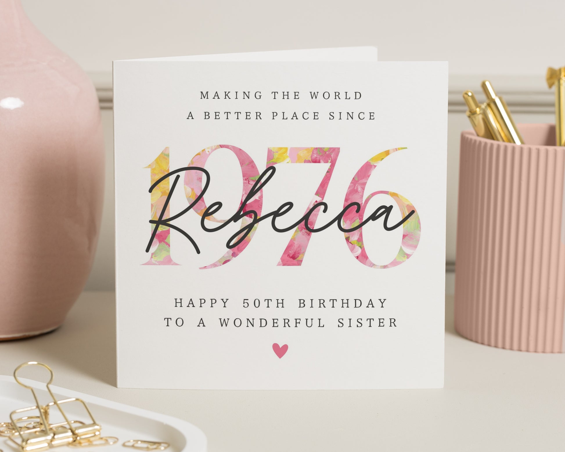 50th Birthday Card for Sister, Personalised Birthday Card, Floral Birthday Card, Birthday Card for Her, Custom 1976 Card, Sister Birthday