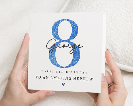 8th Birthday Card for Nephew, Personalised Birthday Card for Boy, Birthday Card for Him, Custom Age Card, Blue Birthday Card