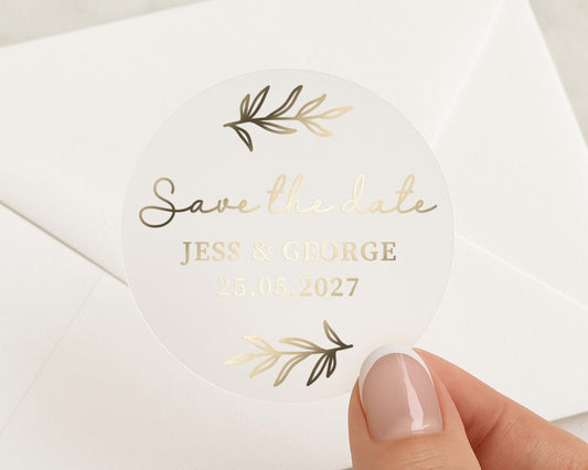 Save The Date Sticker, Gold Foil Wedding Sticker, Personalised Save The Date, Custom Wedding Label, Engagement Sticker, Modern Save The Date