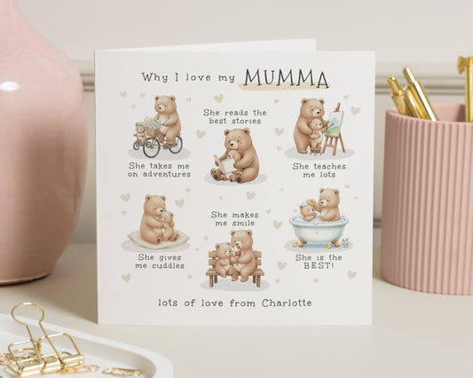 Birthday Card for Mum, Why I Love My Mumma Card, Birthday Card for Her, Cute Bear Card, Personalised Mothers Day Card, Mum Card