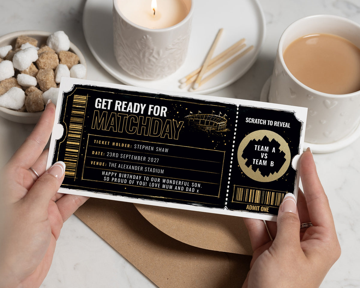Personalised Football Gift Voucher, Scratch To Reveal Match Day Ticket, Birthday Gift for Him, Son Sports Ticket Surprise