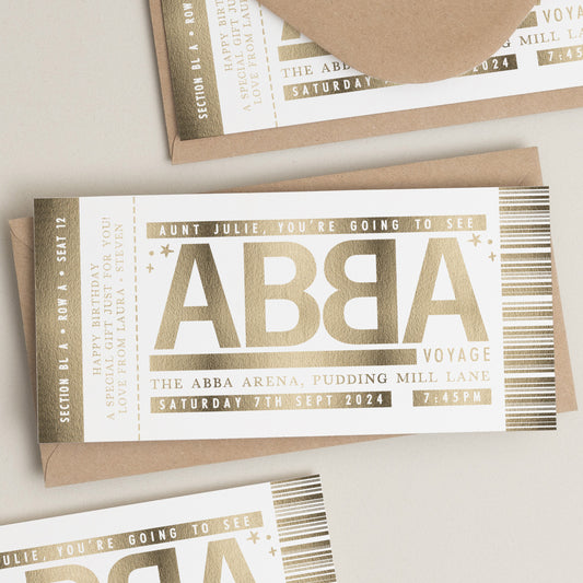 Personalised Gold Foil Scratch Gift Voucher, ABBA Voyage Gig Ticket Gift Voucher, Scratch Reveal Gift, Scratch To Reveal, Gig Ticket