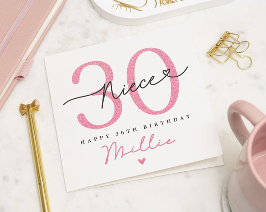 30th Birthday Card for Niece, Personalised Niece Birthday Card, 30th Birthday Card for Her, Pink Glitter Effect Niece Card