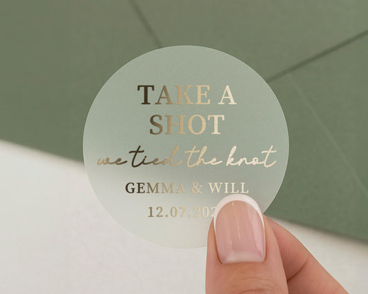 Wedding Shot Stickers, Take A Shot We Tied The Knot, Personalised Wedding Stickers, Gold Foil Wedding Labels, Custom Wedding Favour Stickers