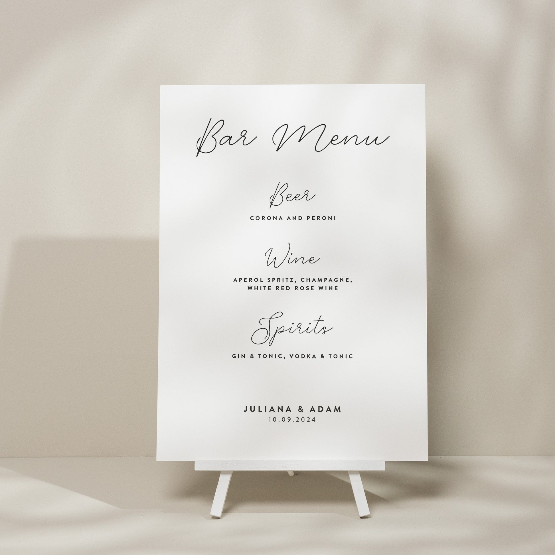 Modern Wedding Drink Menu Sign, Simple Personalised Bar Menu Sign, Minimalistic Wedding Drink List Sign, Modern Wedding Stationery &#39;Juliana&#39;