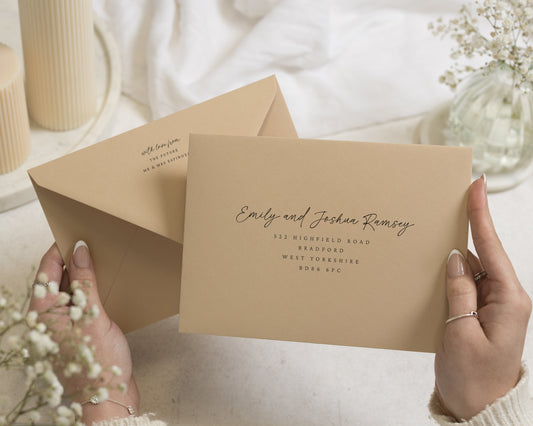 Beige Envelopes with Guest or Return Address Printing, C6, 5x7 or C5 Neutral Wedding Invitation Envelopes (Biscuit)