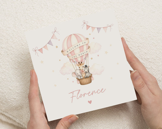 Personalised New Baby Card, Baby Girl Card, Welcome to the World Card, New Baby Congratulations Card, Safari Animal Baby Card