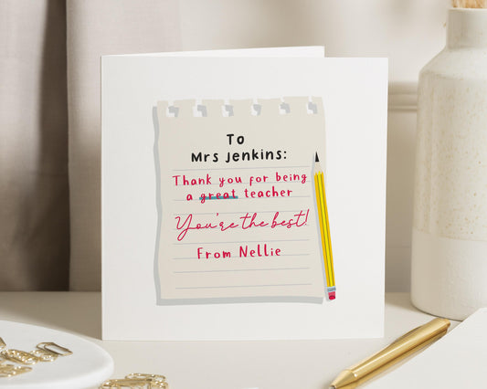 Teacher Thank You Card, Thank You Card for Teacher, Personalised Teacher Card, End of Term Card, Thank You Card for Her, Cute Teacher Card
