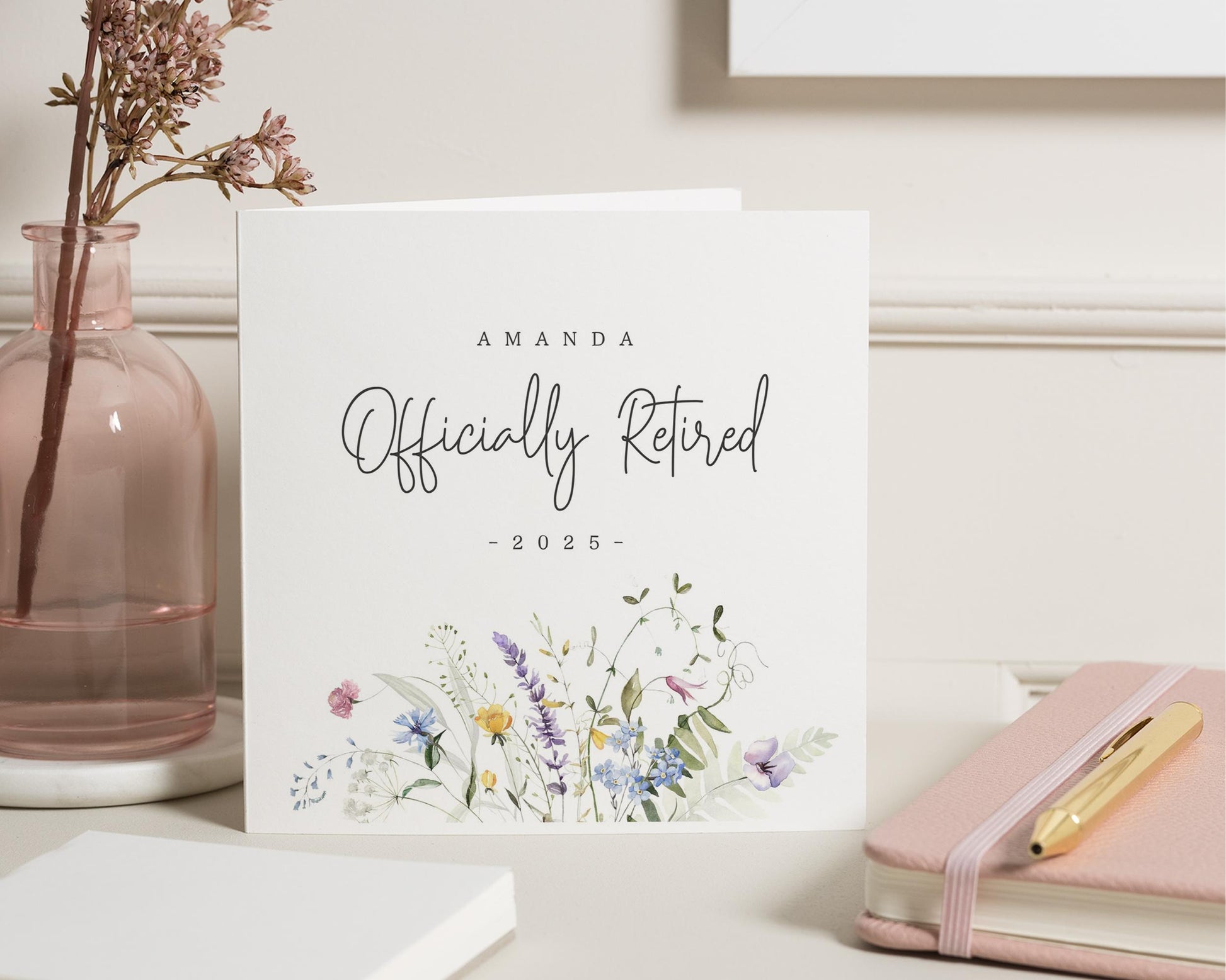 Retirement Card, Officially Retired Card, Personalised Retirement Card, Floral Retirement Card, Retirement Card for Her, Custom Name Card