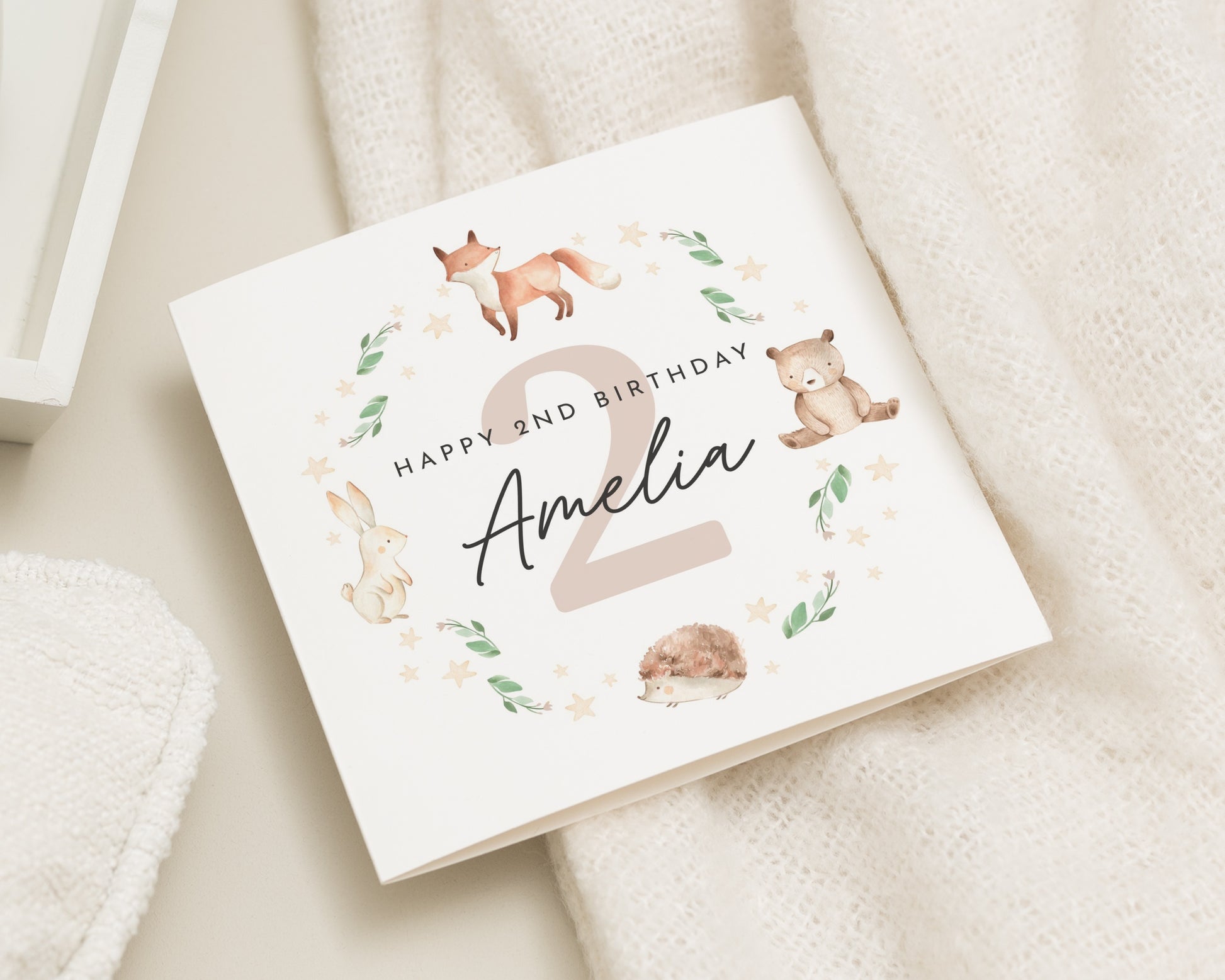 2nd Birthday Card for Girl, Personalised Woodland Animal Birthday Card, Cute 2nd Birthday Card, Custom Animal Birthday Card for Daughter