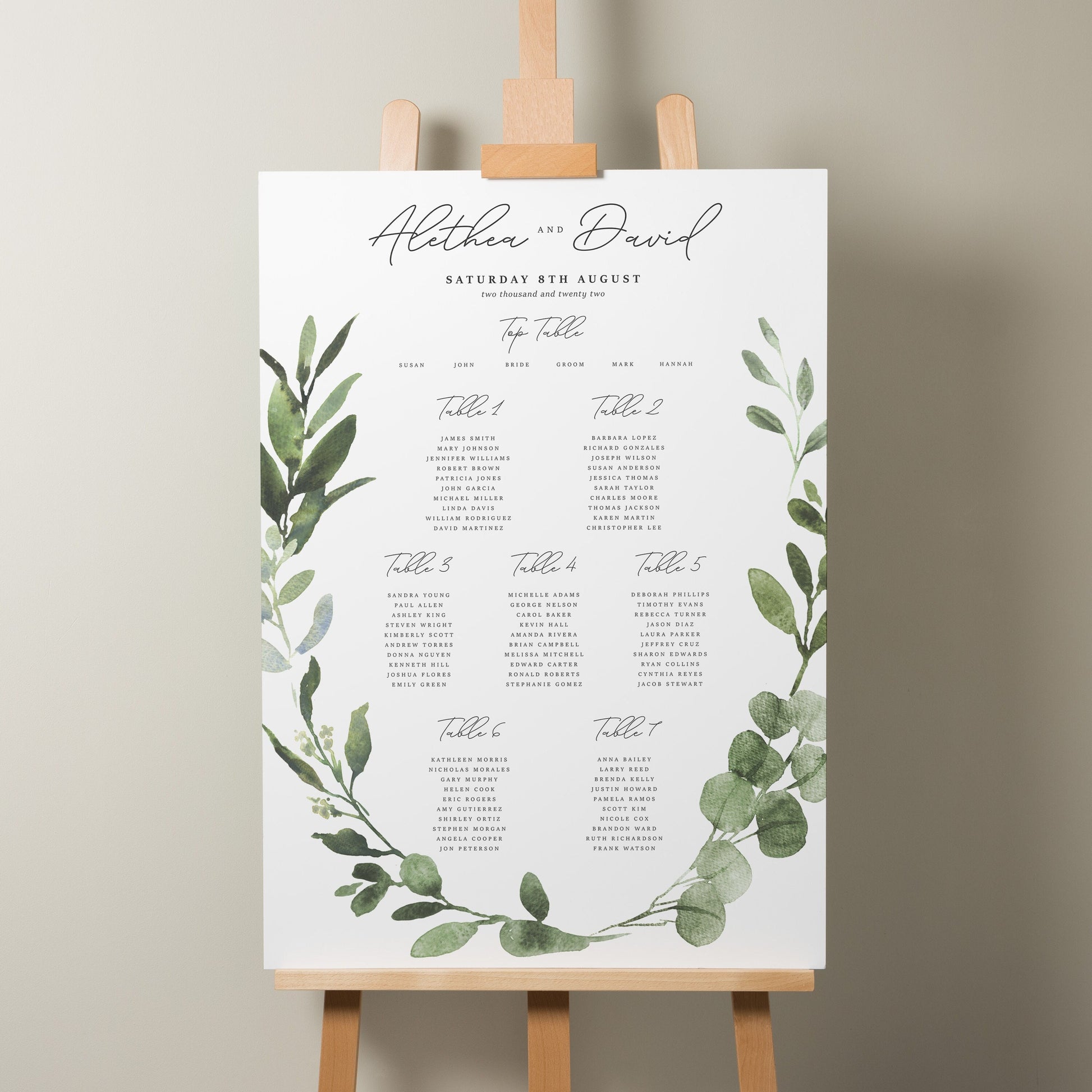 Greenery Wedding Table Plan, Personalised Leaf Table Seating Plan, Green Foliage Find Your Seat Sign, Botanical Wedding Décor A1 &#39;Alethea&#39;