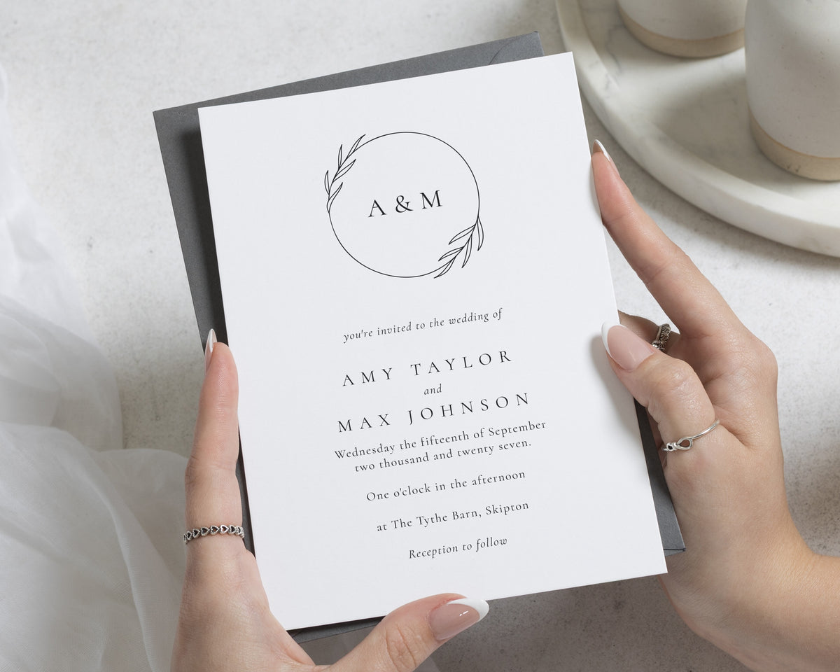 Minimalist Monogram Wedding Invitations, Black and White Botanical Wedding Invite, Elegant Personalised Wedding Invitation Suite