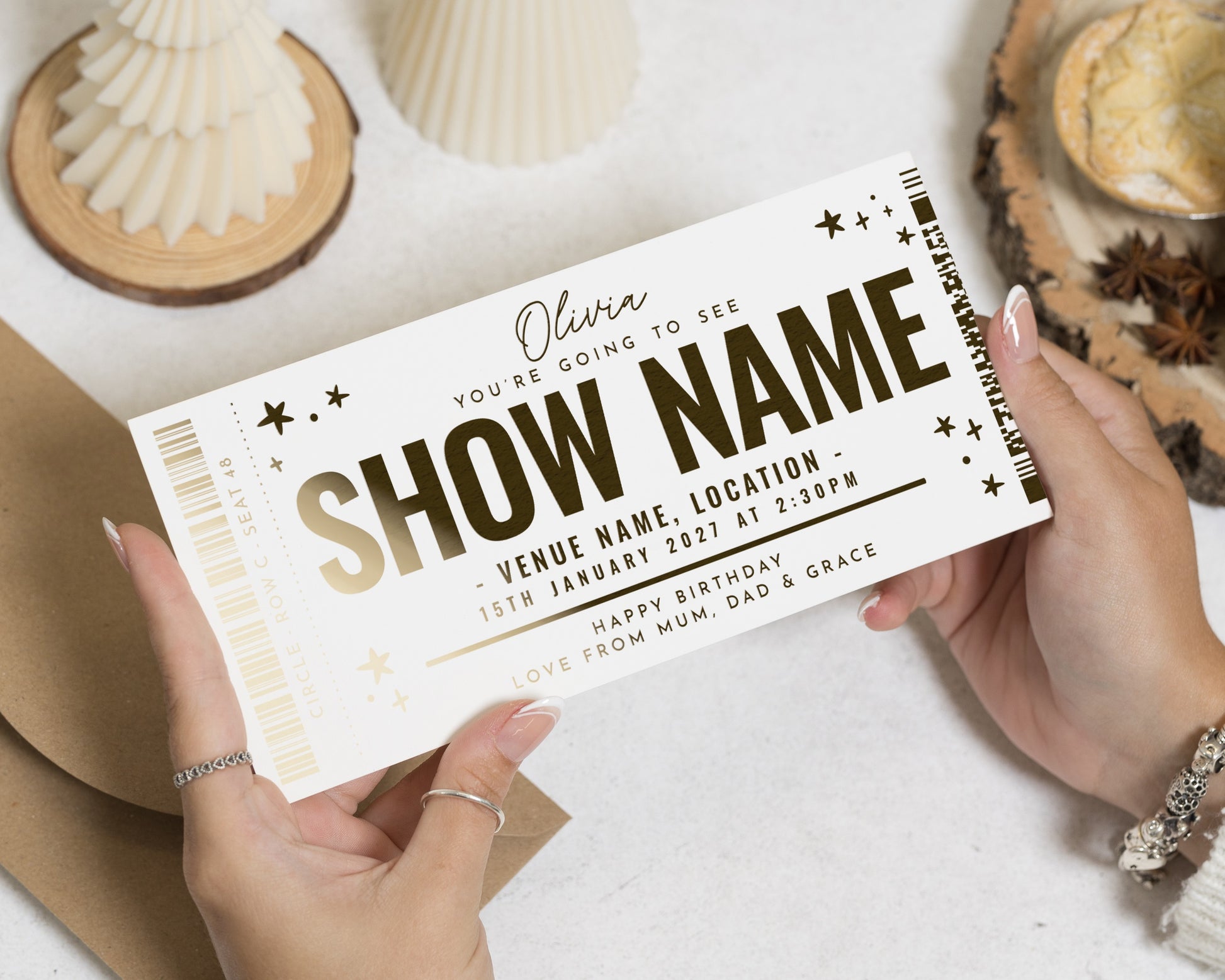 Personalised Gold Foil Show Ticket, Birthday Gift Voucher, Theatre Ticket, Custom Experience Gift for Her, Scratch to Reveal