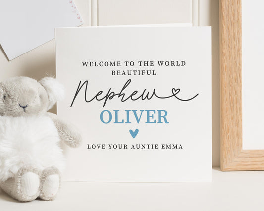 New Baby Card for Nephew, Personalised Nephew Card, Welcome to the World Card, New Baby Boy Card, Card from Auntie