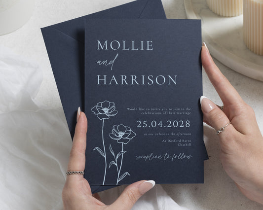 Navy Blue Wedding Invitations, Floral Line Art Wedding Invites, Elegant Botanical Wedding Stationery, Personalised Invitation Suite