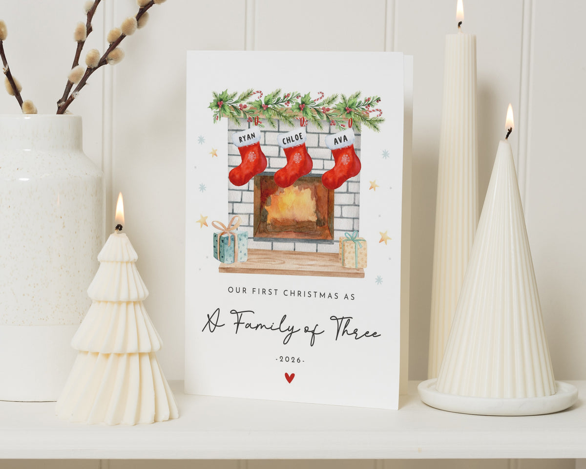 Personalised First Christmas Card, 1st Christmas as a Family of Three Card, Family Christmas Card, Stocking Christmas Card