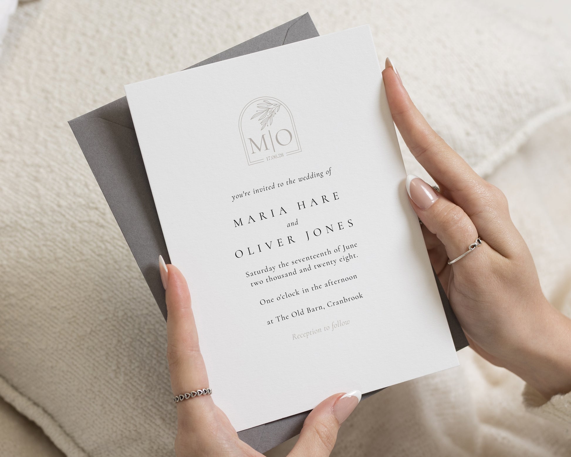 Minimalist Monogram Wedding Invitations, Elegant Botanical Wedding Invite, Grey Envelope, Personalised Flat Wedding Invitation Suite