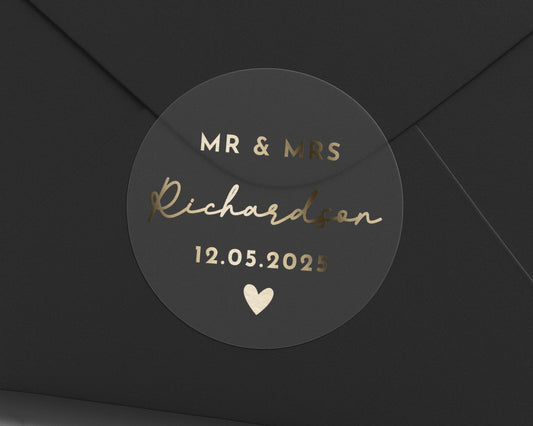 Personalised Wedding Envelope Seal, Mr and Mrs Sticker, Custom Name Sticker, Gold Foil Wedding Sticker, Wedding Envelope Label