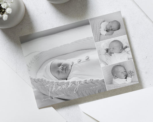 Black & White Photo Folded Thank You Cards, New Baby Photo Thankyou Cards, Baby Personalised Thank You Card, New Baby Boy Announcement Cards