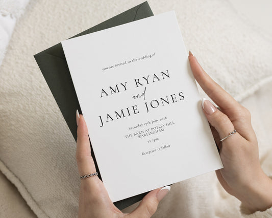 Minimalist Wedding Invitations, Black and White Wedding Invite, Elegant Personalised Wedding Invitation Suite, Forest Green Envelope