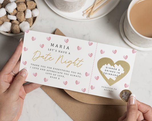 Personalised Date Night Gift Voucher, Scratch to Reveal Voucher, Dinner and Drinks Gift, Valentines Day Gift for Her