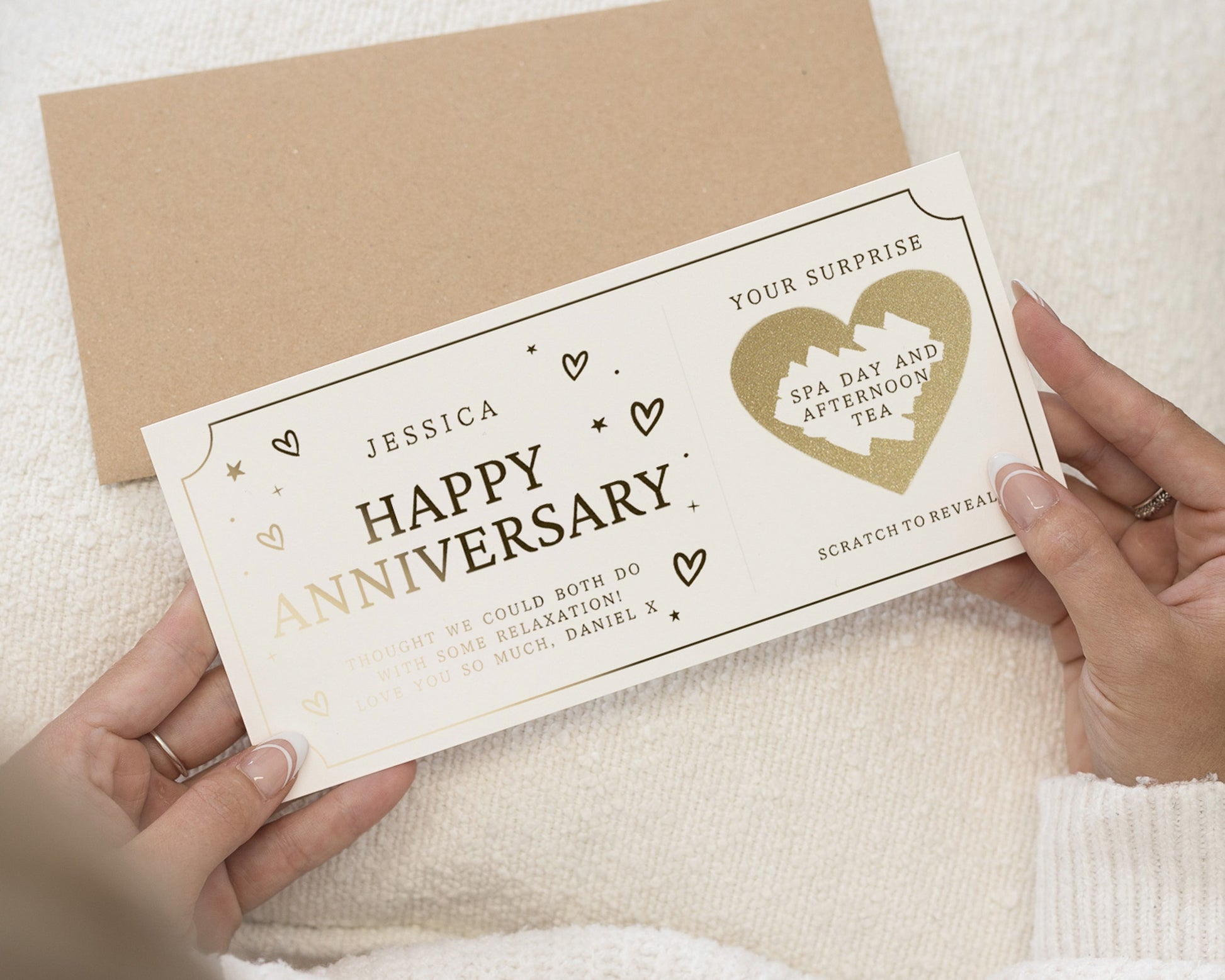 Personalised Anniversary Gift Voucher, Spa Day Gift Voucher for Her, Scratch to Reveal Gift, Afternoon Tea Voucher