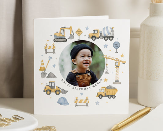 Personalised Photo Birthday Card for Boy, Digger Birthday Card, Construction Birthday Card, Birthday Card for Son, Boys Birthday Card