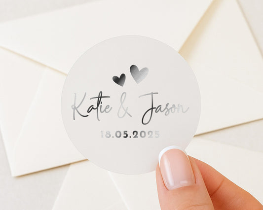 Wedding Sticker, Personalised Wedding Sticker, Silver Foil Wedding Label, Custom Wedding Envelope Seal, Engagement Sticker