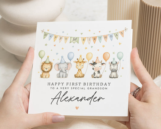 1st Birthday Card for Grandson, First Birthday Card, Personalised Birthday Card for Boy, Safari Birthday Card, Grandson Birthday Card
