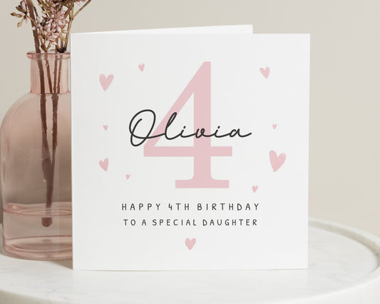4th Birthday Card for Daughter, Personalised Birthday Card for Girl, Special Daughter Birthday Card, Pink Age 4 Card