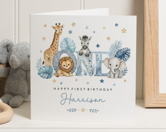 1st Birthday Card for Boy, First Birthday Card, Personalised Birthday Card, Safari Jungle Birthday Card, Son Grandson Nephew Birthday Card