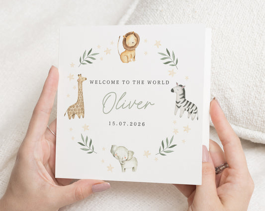 Personalised New Baby Card, Welcome To The World Card, Baby Safari Animal Card, Custom Baby Card, New Baby Boy Card, New Baby Girl Card