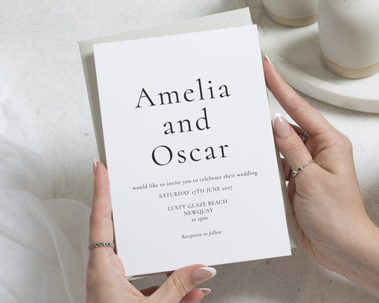 Simple Minimalist Wedding Invitations, Elegant Black and White Typography Wedding Invites, Personalised Wedding Invitation Suite