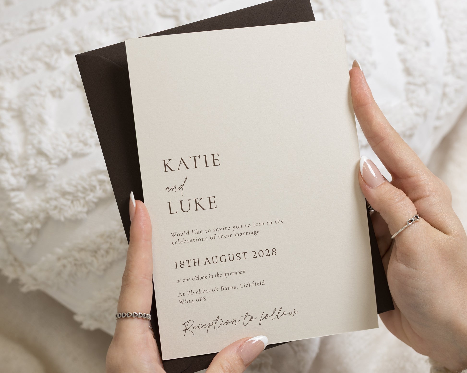 Ivory Wedding Invitations with Chocolate Brown Envelopes, Minimalist Wedding Invites, Elegant Typography, Personalised Invitation Suite