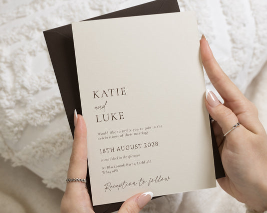Ivory Wedding Invitations with Chocolate Brown Envelopes, Minimalist Wedding Invites, Elegant Typography, Personalised Invitation Suite