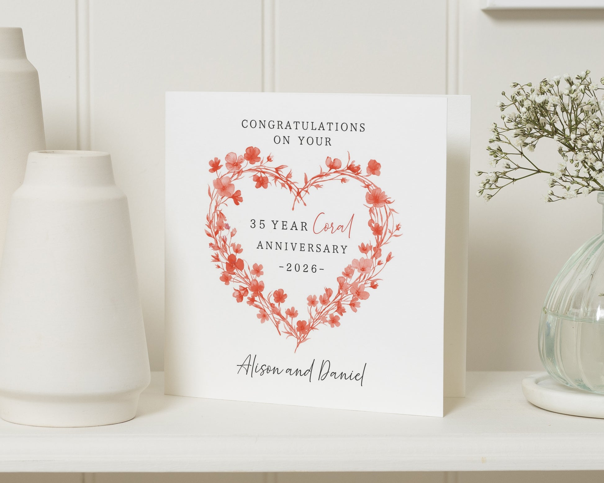 35th Anniversary Card, Coral Anniversary Card, Mum and Dad Anniversary Card, Personalised Floral Heart Card, Couple Anniversary Card
