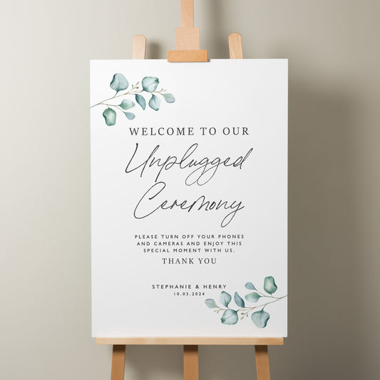 Eucalyptus Wedding Unplugged Ceremony Sign, Minimalist Wedding Sign, Unplugged Wedding Sign, Personalised Modern Wedding Signage &#39;Stephanie&#39;