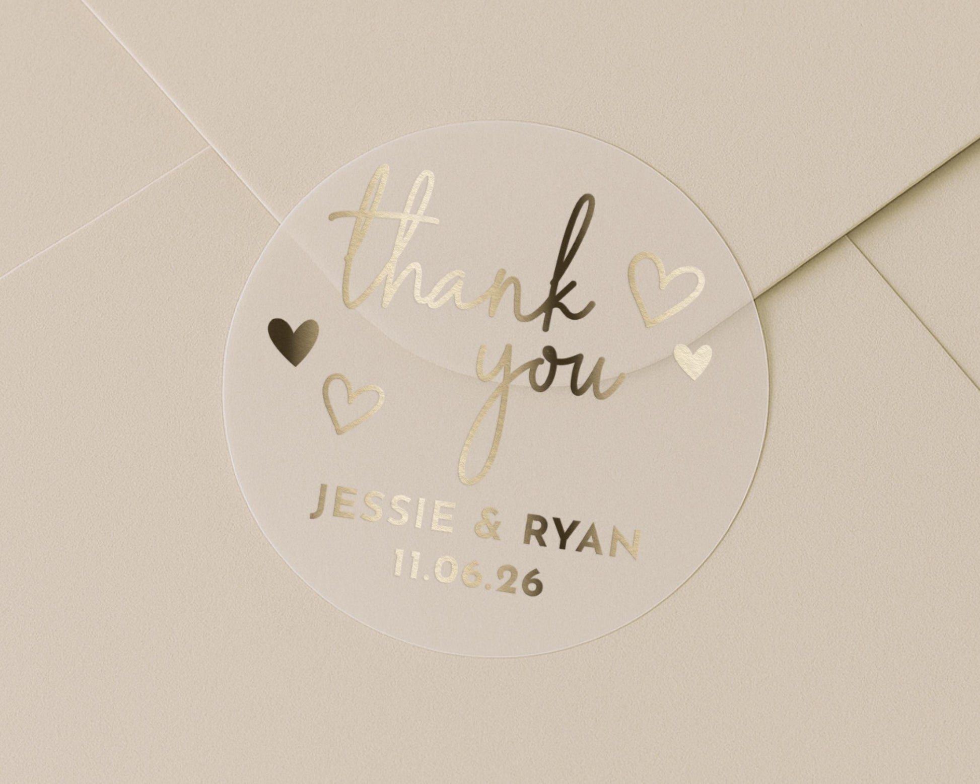 Wedding Thank You Sticker, Personalised Thank You Sticker, Gold Foil Wedding Sticker, Custom Wedding Seal, Transparent Thank You Label