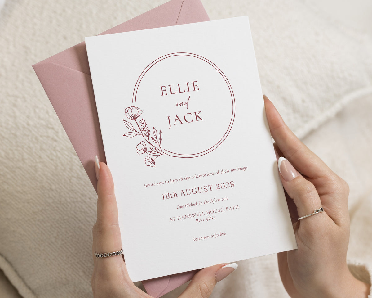 Blush Floral Wedding Invitations, Elegant Burgundy Wedding Invite, Minimal Wildflower Invitation Suite, Personalised Wedding Stationery