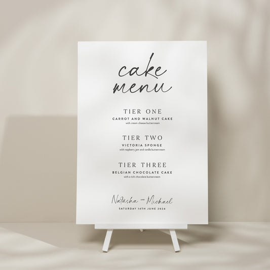 Simple Cake Menu Wedding Sign, Modern Cake Flavour Wedding Sign, Simple Wedding Cake Station, Script Wedding Stationery &#39;Natasha&#39;