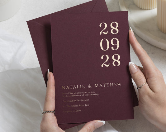 Gold Foil Wedding Invitations, Burgundy Minimalist Wedding Invite, Modern Typography Invitation, Wine Red Wedding Stationery