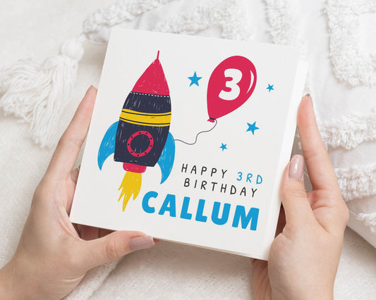 3rd Birthday Card for Boy, Personalised Rocket Birthday Card, Space Birthday Card, Birthday Card for Son, Third Birthday Card