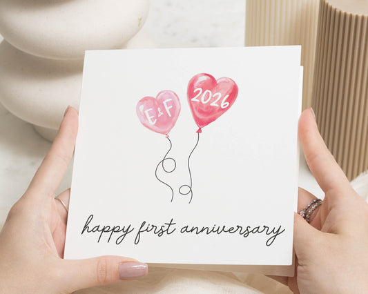 First Anniversary Card, Personalised Anniversary Card, Anniversary Card for Couple, 1st Anniversary Card, Heart Balloon Card